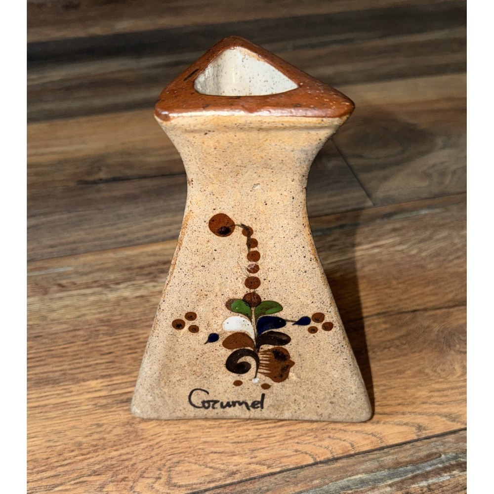 Vtg Cozumel Mexican Pottery Vase Hand Painted Ceramic Triangle Tonala Stoneware